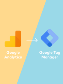 Orange Google Analytics logo with arrow pointing to blue Google Tag Manager logo.