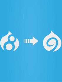 Image of Drupal 8 icon with arrow to Drupal 9 icon on blue background