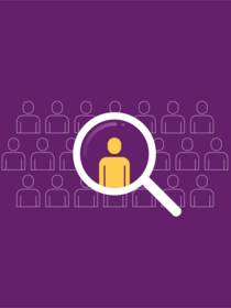 Magnifying glass focusing in on one yellow person icon surrounded by purple people icons on purple background