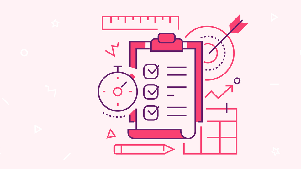 Image of project management tools in dark pink over pink background