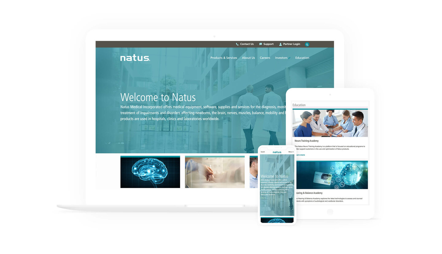 Natus homepage on laptop, tablet, and phone