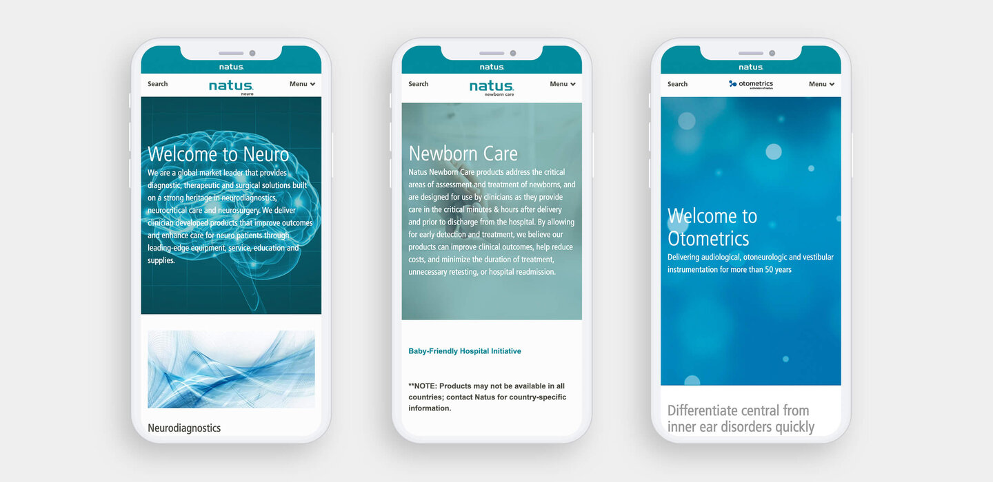 Natus responsive webpages displayed on three different mobile devices