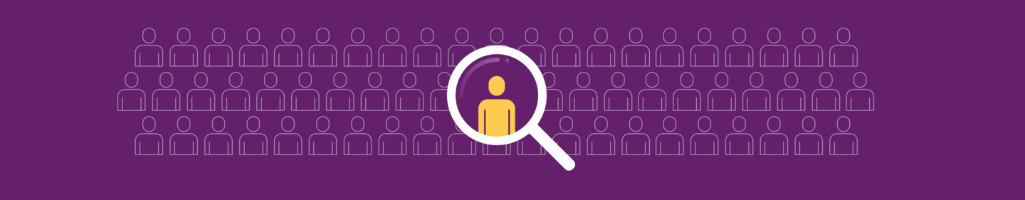 Image of yellow figure in the middle of magnifying glass surrounded by other people on a purple background
