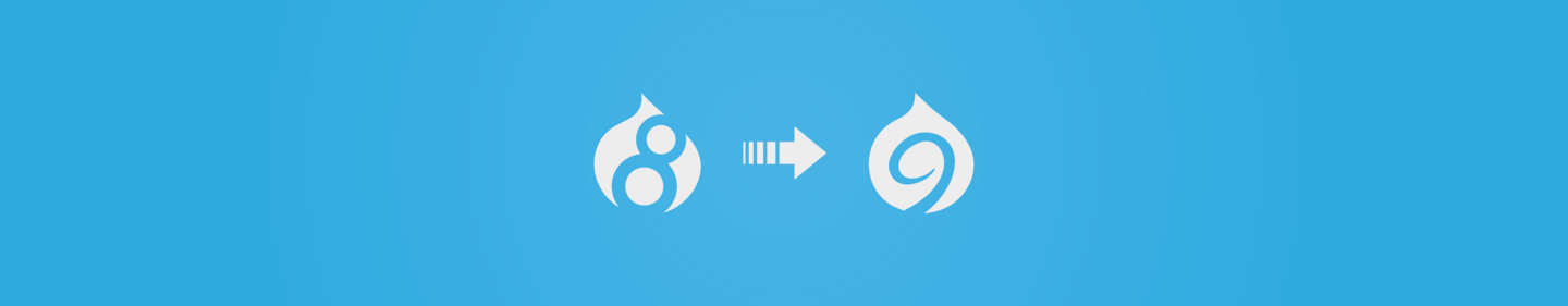 Image of Drupal 8 icon with arrow pointing to Drupal 9 icon on blue background